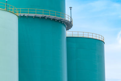 Closeup fuel storage tank in petroleum refinery. blue big tank of oil storage. fuel silo. 