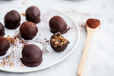 Close-up of chocolate cake on table