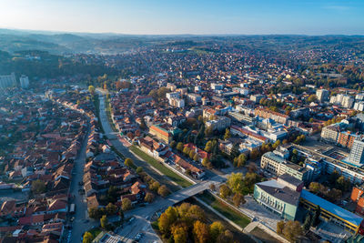 Valjevo - panorama of city in serbia. aerial drone view administrative center of the kolubara