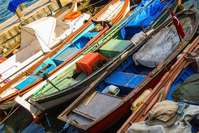 High angle view of boats moored in water