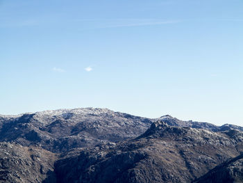 Scenic view of mountains against clear blue sky