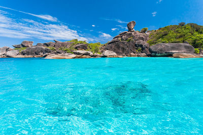 Scenic view of sea against rocks