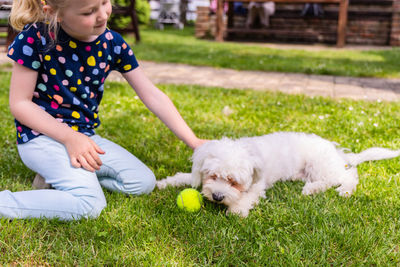 Portrait of young woman with dog on grassy field