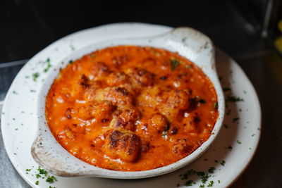 High angle view of soup in bowl on table