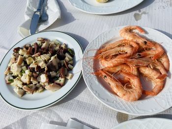 High angle view of food in plate on table