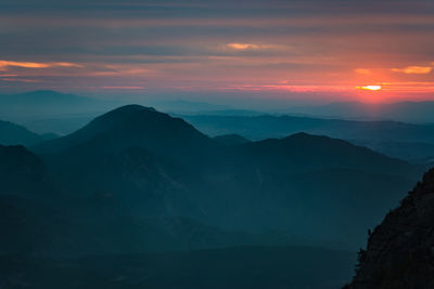 Scenic view of mountains against sky during sunset