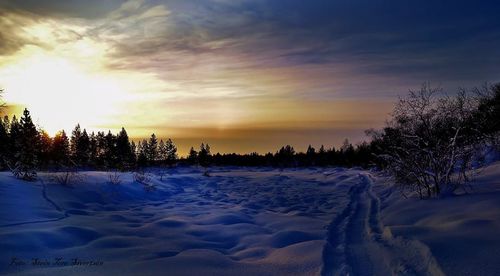Snow covered landscape at sunset