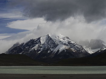 Scenic view of snowcapped mountains against sky, torres del paine mountains, patagonia, chile 