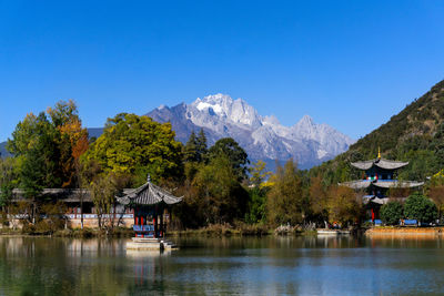 Scenic view of lake and mountains against clear sky