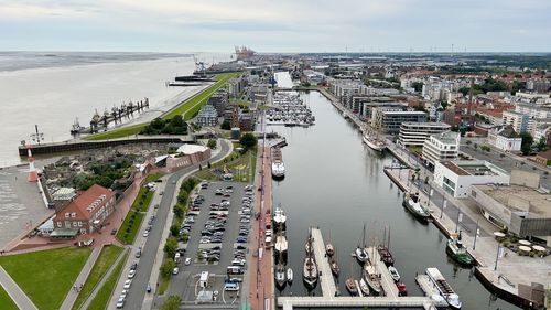 High angle view of bremerhaven city street from atlantic hotel sail city panorama platform