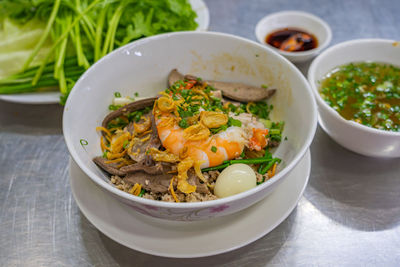 High angle view of food in bowl on table