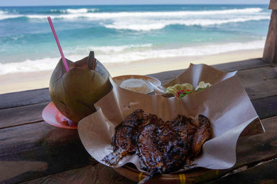 Close-up of cake served on table