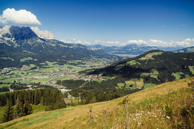 Scenic view of landscape and mountains against sky
