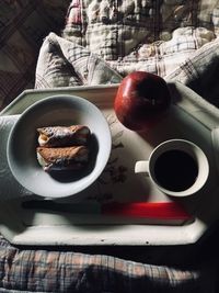 High angle view of breakfast served on table