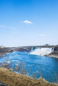 Scenic view of river against blue sky