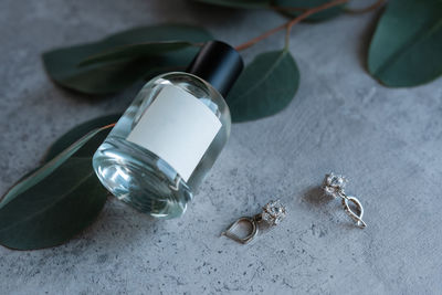 High angle view of bottle on table