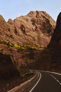 Scenic view of road leading trough landscape against clear sky