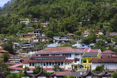 High angle view of buildings in town