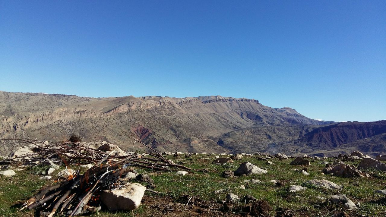 clear sky, mountain, copy space, landscape, blue, tranquility, tranquil scene, scenics, beauty in nature, nature, non-urban scene, mountain range, remote, rock - object, day, hill, horizon over land, outdoors, physical geography, geology