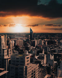 High angle view of buildings against sky during sunset, of montevideo city in uruguay.