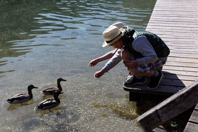 Side view of boy feeding ducks in lake