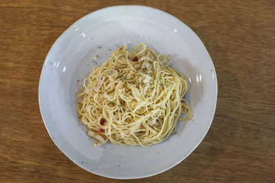 High angle view of noodles in plate on table