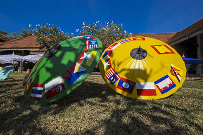 Close-up of umbrellas on field