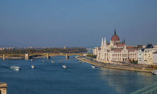 Bridge over river with city in background