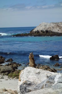 Rock formation on beach against sky