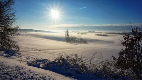 Scenic view of snow covered landscape against sky