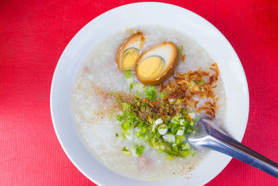 High angle view of breakfast served on table