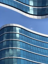 Low angle view of glass building against clear blue sky