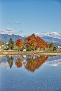 Scenic view of lake against sky during autumn