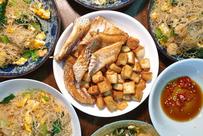 High angle view of meal served on table