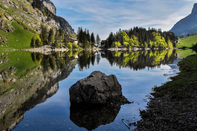 Scenic view of lake by trees against sky