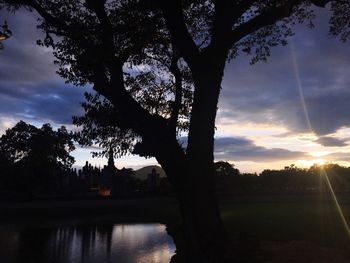 Silhouette trees on landscape against sky at sunset