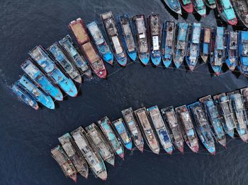 High angle view of umbrellas on table