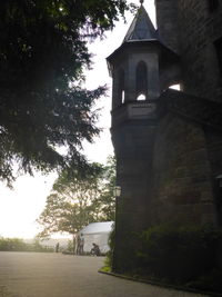 Low angle view of trees and building against sky