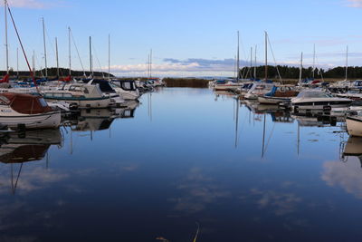 Boats moored at harbor