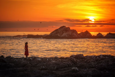 Woman standing on rock by sea against sky during sunset