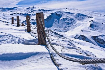 Scenic view of snow covered field and snowcapped mountains