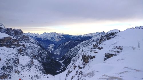 Scenic view of snowcapped mountains against sky during sunset