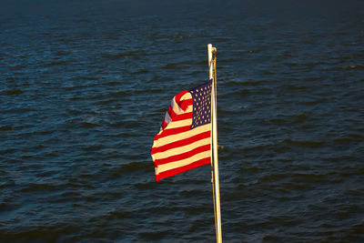 Close-up of flag against blue water