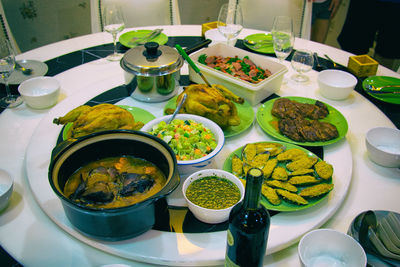 High angle view of food served on table
