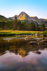 Scenic view of lake and mountains against sky