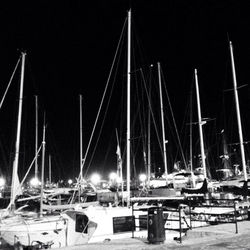 Sailboats moored at harbor