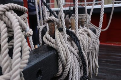 Close-up of rope tied on nautical vessel