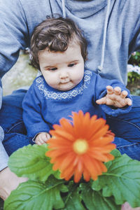 High angle view of cute boy on flowering plant