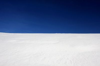 Snow covered landscape against clear blue sky