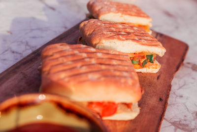 High angle view of chopped bread on table